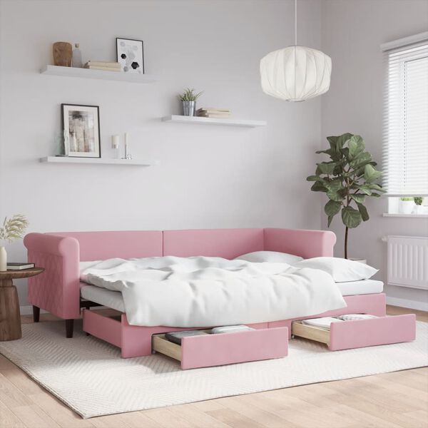vidaXL Sofá-cama com gavetão e gavetas 80x200 cm veludo rosa