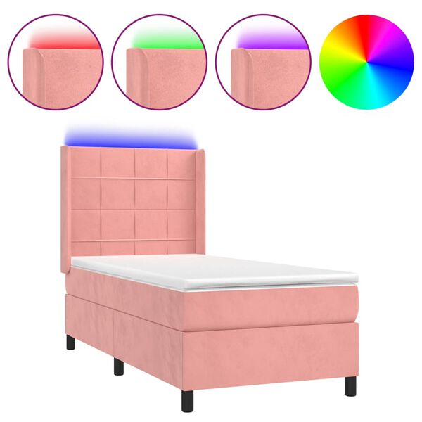 vidaXL Cama box spring c/ colch&atilde;o/LED 90x200 cm veludo rosa