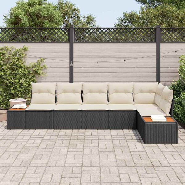 vidaXL Conjunto de Sof&aacute; de Jardim 6 pcs Preto e creme Rattan Sint&eacute;tico
