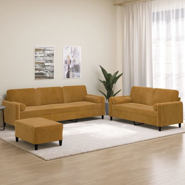 vidaXL 3 pcs conjunto sof&aacute;s c/ almofadas/almofad&otilde;es veludo castanho