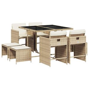 vidaXL 9 pcs conjunto de jantar p/ jardim com almofad&otilde;es vime PE bege