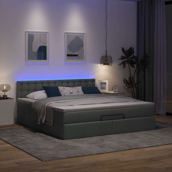 vidaXL Cama Otomana com colchão & LEDs 180x200cm tecido cinza-escuro