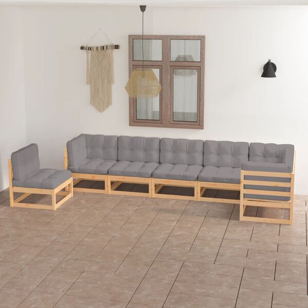 vidaXL 7 pcs conjunto lounge de jardim c/ almofad&otilde;es pinho maci&ccedil;o