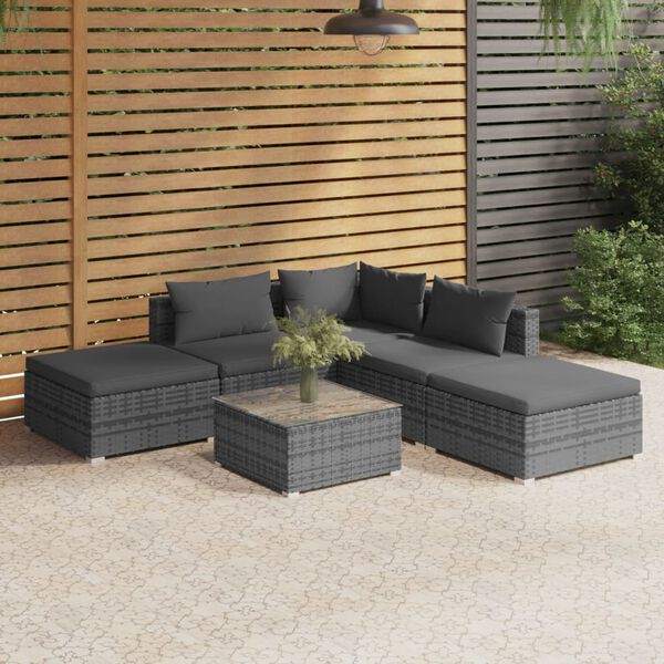 vidaXL 6 pcs conjunto lounge de jardim c/ almofad&otilde;es vime PE cinzento