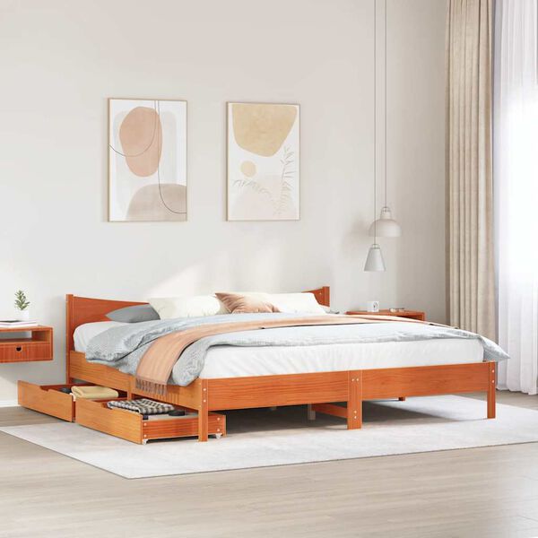 vidaXL Estrutura cama c/ gavetas 200x200 cm pinho maci&ccedil;o castanho-mel