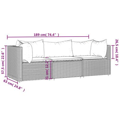 vidaXL 3 pcs conjunto lounge de jardim c/ almofadões vime PE cinzento