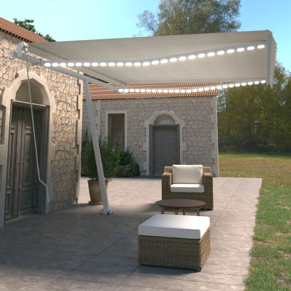vidaXL Toldo retr&aacute;til manual com LED 450x350 cm cor creme