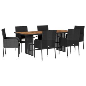vidaXL 7 pcs conjunto de jantar p/ jardim c/ almofad&otilde;es vime PE preto
