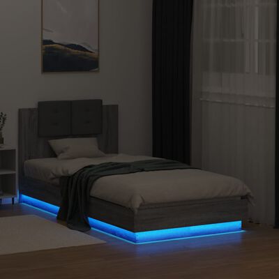 vidaXL Estrutura de cama c/ cabeceira/luzes LED 75x190 cm cinza sonoma