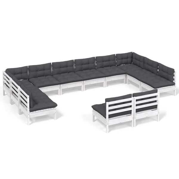 vidaXL 12 pcs conj. lounge de jardim c/ almofadões pinho maciço branco