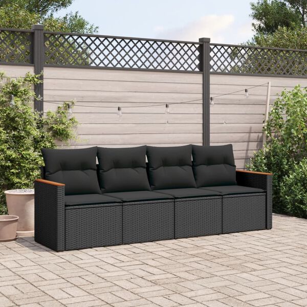 vidaXL 4 pcs conjunto de sof&aacute;s para jardim c/ almofad&otilde;es vime PE preto