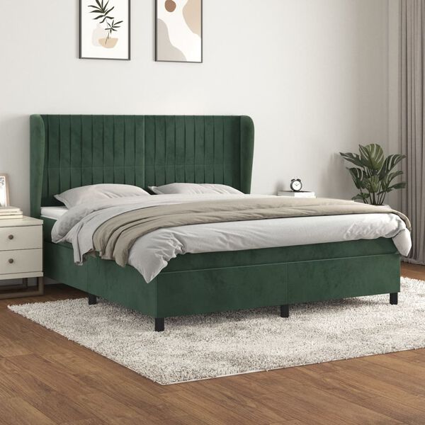 vidaXL Cama com molas/colch&atilde;o 180x200 cm veludo verde-escuro