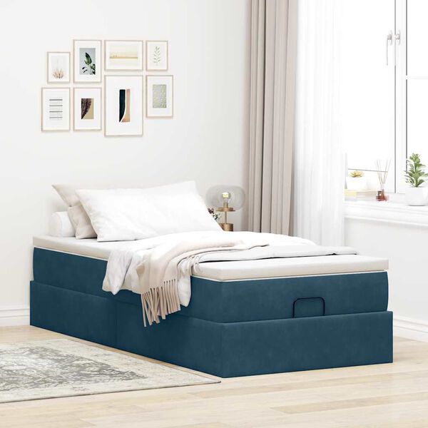 vidaXL Estrutura de cama otomana com colch&atilde;o azul escuro veludo