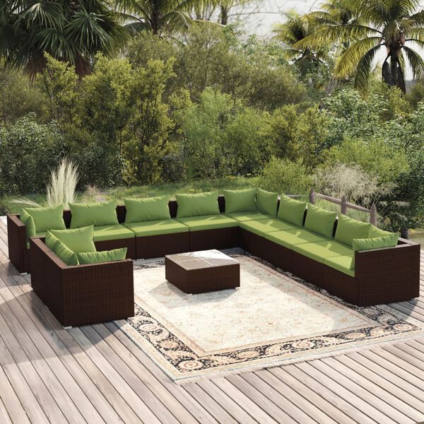 vidaXL 12 pcs conjunto lounge de jardim c/ almofad&otilde;es vime PE castanho