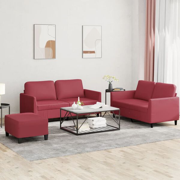 vidaXL 3 pcs conjunto sof&aacute;s c/ almofad&otilde;es couro artif. vermelho tinto