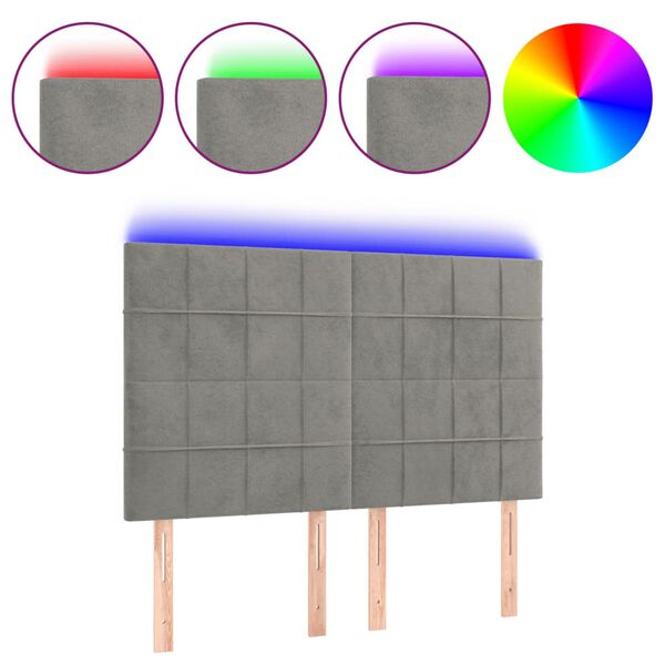 vidaXL Cabeceira cama c/ luzes LED veludo 144x5x118/128cm cinza-claro
