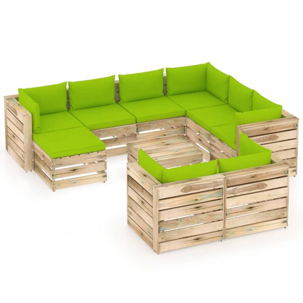 vidaXL 10 pcs conj. lounge jardim c/ almofad&otilde;es madeira impreg. verde