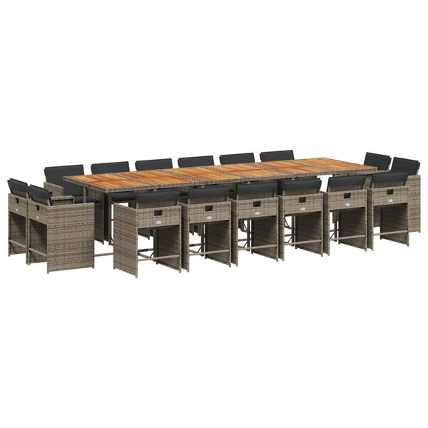 vidaXL 17 pcs conj. de jantar p/ jardim c/ almofad&otilde;es vime PE cinzento