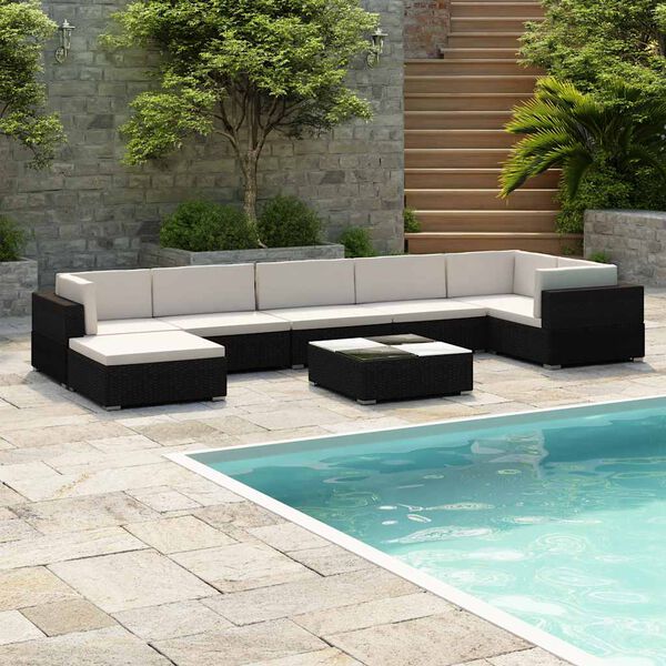 vidaXL 8 pcs conjunto lounge de jardim c/ almofad&otilde;es vime PE preto