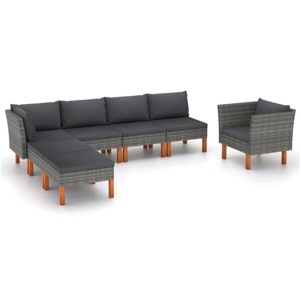 vidaXL 7 pcs conj. lounge jardim vime PE e eucalipto maci&ccedil;o cinzento