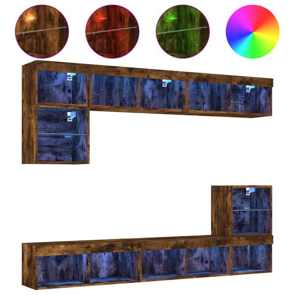 vidaXL 8pcs m&oacute;veis parede p/ TV c/ LEDs deriv. madeira carvalho fumado