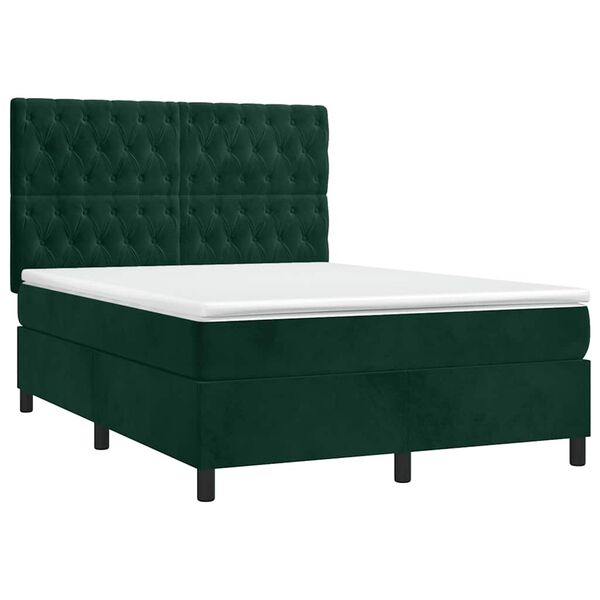 vidaXL Cama box spring c/ colch&atilde;o/LED 140x190 cm veludo verde-escuro