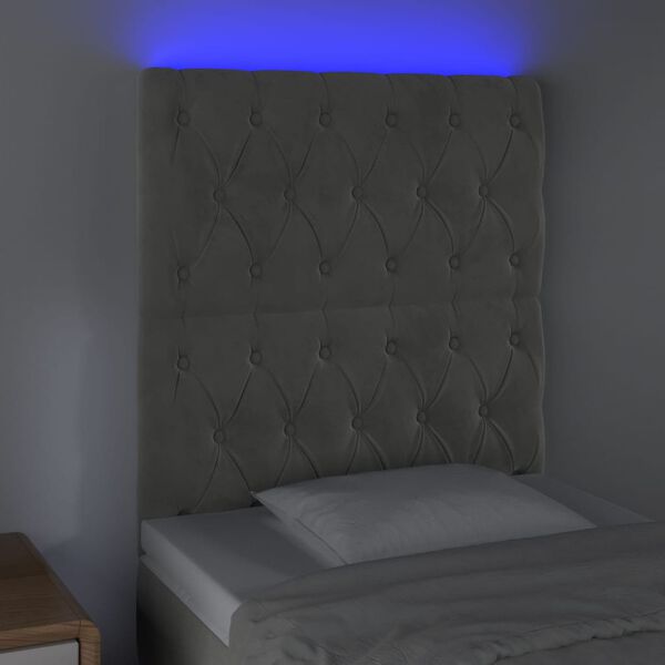 vidaXL Cabeceira cama c/ luzes LED veludo 80x7x118/128cm cinza-claro