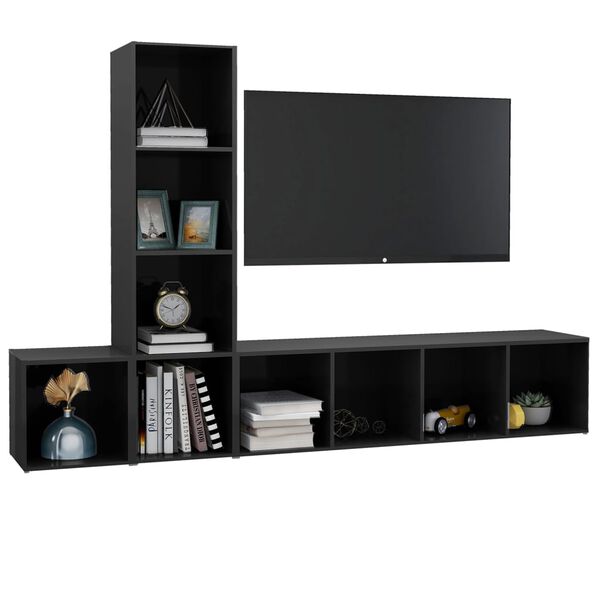 vidaXL 3 pcs conjunto de m&oacute;veis de TV contraplacado cinzento brilhante