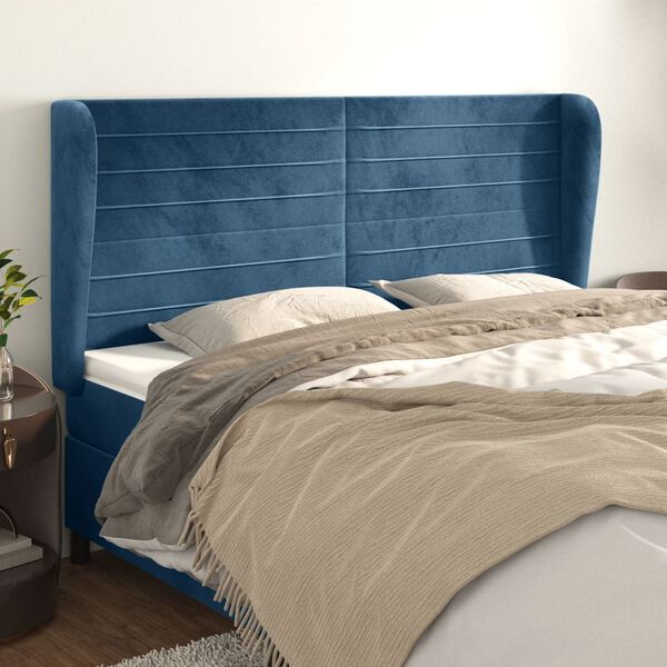 vidaXL Cabeceira cama c/ abas veludo 203x23x118/128 cm azul-escuro