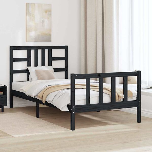 vidaXL Estrutura de cama com cabeceira 100x200 cm madeira maci&ccedil;a preto