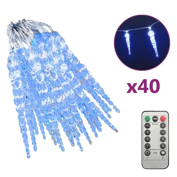 vidaXL Luz Natal pingente gelo 40 pcs controlo remoto acr&iacute;lico azul