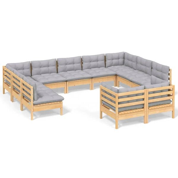 vidaXL 11pcs conjunto lounge de jardim + almofad&otilde;es cinza pinho maci&ccedil;o