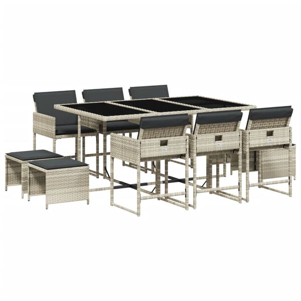 vidaXL 11 pcs conjunto jantar p/ jardim c/ almofad&otilde;es vime PE cinzento