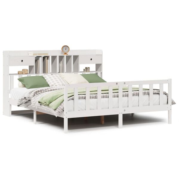 vidaXL Cama com estante sem colchão 180x200 cm pinho maciço branco
