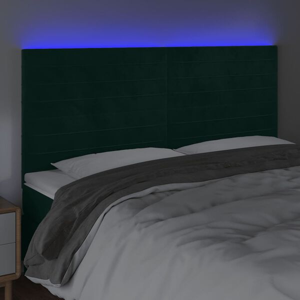 vidaXL Cabeceira de cama c/ LED veludo 160x5x118/128 cm verde-escuro