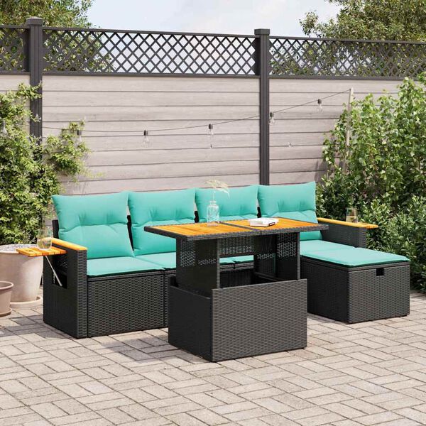 vidaXL 6 pcs conjunto sof&aacute;s jardim c/ almofad&otilde;es vime PE/ac&aacute;cia preto