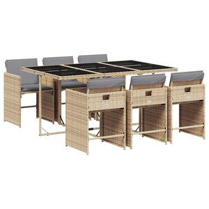 vidaXL 7 pcs conj. jantar jardim c/ almofad&otilde;es vime PE bege misturado