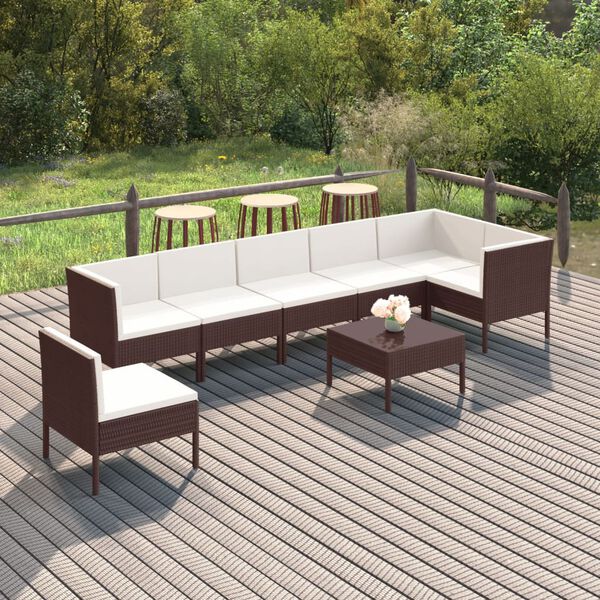 vidaXL 8 pcs conjunto lounge jardim c/ almofad&otilde;es vime PE castanho