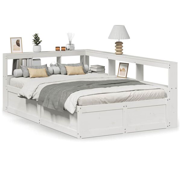 vidaXL Cama com estante sem colch&atilde;o 120x190 cm pinho maci&ccedil;o branco