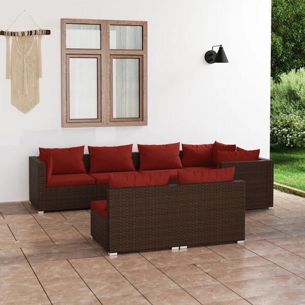 vidaXL 7 pcs conjunto lounge jardim c/ almofad&otilde;es vime PE castanho