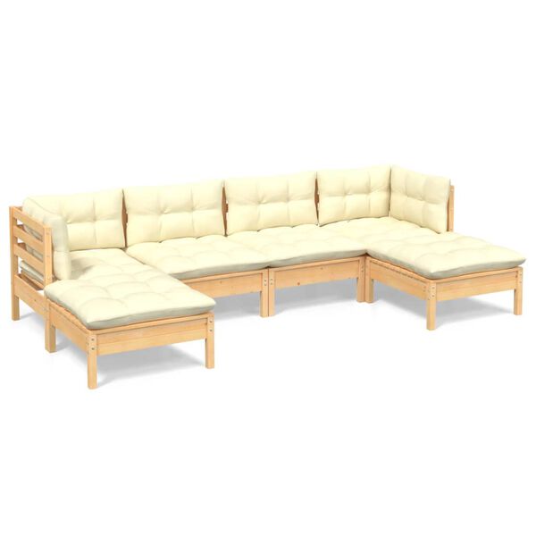 vidaXL 6 pcs conjunto lounge jardim c/ almofadões cor creme pinho