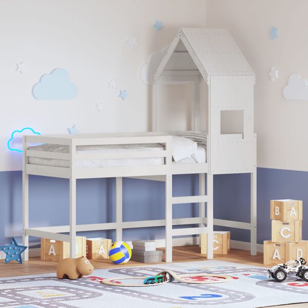 vidaXL Cama alta c/ escada e telhado 90x190 cm pinho maci&ccedil;o branco