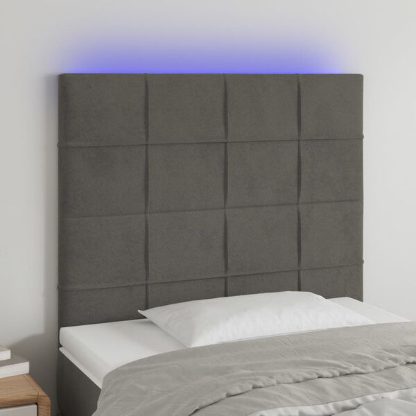 vidaXL Cabeceira de cama c/ LED veludo 90x5x118/128 cm cinza-escuro
