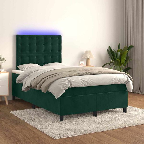 vidaXL Cama box spring c/ colch&atilde;o/LED 120x200 cm veludo verde-escuro