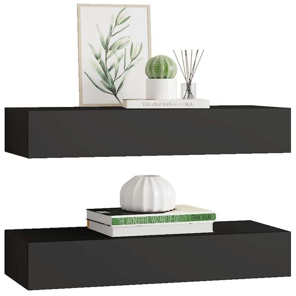 vidaXL Prateleiras de parede c/ gavetas 2 pcs MDF 60x23,5x10 cm preto