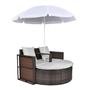 vidaXL Espregui&ccedil;adeira para jardim com guarda-sol vime PE castanho