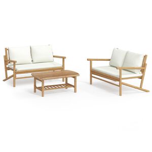 vidaXL 3 pcs conjunto lounge de jardim bambu c/ almofad&otilde;es branco nata