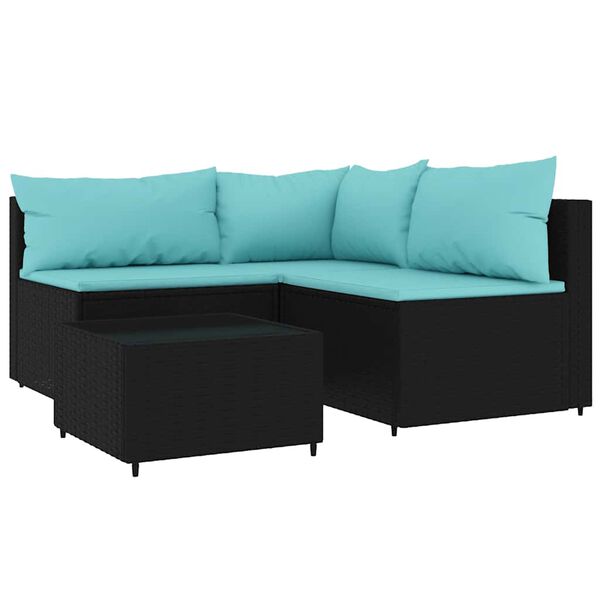 vidaXL 4 pcs conjunto lounge de jardim c/ almofad&otilde;es vime PE preto