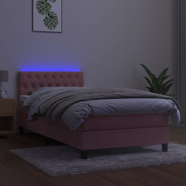vidaXL Cama box spring c/ colch&atilde;o/LED 90x190 cm veludo rosa