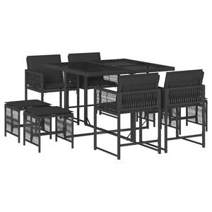 vidaXL 9 pcs conjunto de jantar p/ jardim c/ almofad&otilde;es vime PE preto